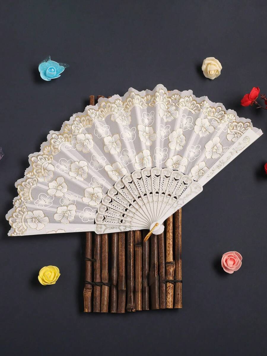 轻盈的白色樱花手扇，饰以金色箔印，适合居家使用 - A - 查看 1