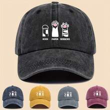 1pc Fun Cat Paw "ROCK PAPER SCISSORS" Printed Baseball Cap, Breathable And Comfortable, Black Vintage Dad Hat, Adjustable Size, Unisex Truck Driver Cap, Ideal Outdoor Sun Hat For Men And Women, Perfect Gift For Mom On Valentine'S Day, Mother'S Day, Or Birthday. ,Mother's Day Gifts - 黑色 - 查看 3