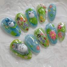 24Pcs Green Press On Nails Medium Almond Fake Nails With 3D Pink Flower Design Cute Cartoon Cat Full Cover False Nails Colorful Floral Glitter Glossy Glue On Nails For Women Manicure Decor - 彩色 - 查看 6