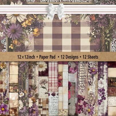 12x12 Zoll Sammelalbum Papierblock, 12 Blatt mit 12 Vintage Designs inklusive Uhrenmuster, Zeitungsdrucke, Blumenmotive und Retro-Elemente, ideal für Scrapbooking, Basteln, Kartenherstellung, Journaldekoration und Kunstprojekte