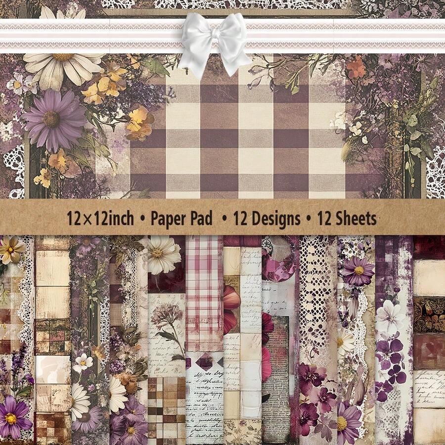 12x12 Inch Scrapbook Paper Pad, 12 Sheets With 12 Vintage Designs Including Clock Patterns, Newspaper Prints, Floral Motifs And Retro Elements, Ideal For Scrapbooking, Crafts, Card Making, Journal Decoration And Art Projects - D - View 1