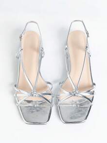 Sandalias de tacón alto de punta abierta con diseño de cruce minimalista para mujer, nuevas sandalias romanas de moda veraniega con punta cuadrada y tacón bajo versátiles para vacaciones - Plateado - Ver 3