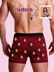 1pc Customized Photo & "This Is Mine" Print Black Polyester Comfortable Fitted Romantic & Unique Valentine's Day Gift & Daily Wear Briefs For Men - Burgundy - View 2