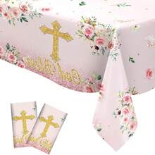 1pc Elegant Disposable Tablecloth With Floral And Cross Patterns - Plastic Party Tablecloth, Suitable For Baptism, First Communion, Confirmation, Birthday And Other Occasions - Patriotic Theme, Tableware - White - View 9