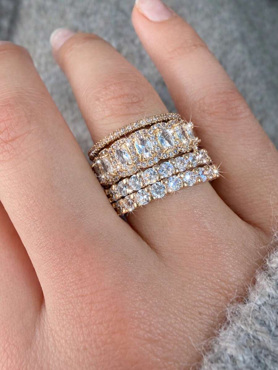 4 Stücke/Set funkelnder, luxuriöser Frauen-Ringset mit Vollzirkonia - charmante Accessoires für Frauen und Mädchen, perfekt für Geburtstage und Hochzeiten - Goldgelb - Übersicht 1