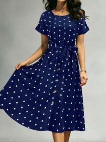 Women's Retro Polka Dot Short Sleeve Midi Dress, Round Neck Waist Tie + Button Front Design, Loose Flowy Casual Dress, Suitable For Daily, Vacation, Commute, Spring/Summer - Navy Blue - View 2