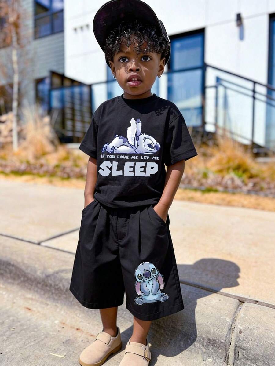 Official Authorization Disney Lilo & Stitch Sleep Print Kids Outfit, Toddler Boys Cute Cartoon T-Shirt & Shorts Set, Summer Casual Tracksuit For Daily Wear Theme Park Vacation, Children's Clothing Holiday Gift - 黑色 - 查看 1