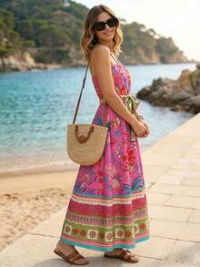 波西米亚风无肩带长裙，夏季海滩优雅时尚度假风，腰带修身女士飘逸长裙 - 玫紅色 - 查看 1