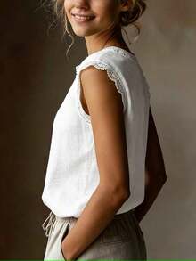 Vintage Linen Blend Short Sleeve Top For Women, Lace Patchwork Round Neck Loose Fit Breathable Linen Blend T-Shirt, Summer White - trắng - Xem 5