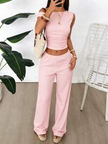 2pcs Y2K Style Sexy & Elegant Cream Yellow Knit Crop Top & Wide Leg Pants Set Summer - Dusty Pink - View 5