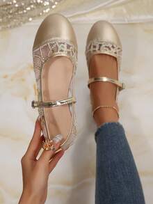 少女银色亮片蕾丝玛丽珍鞋，儿童夏季透气绑带银色平底鞋，软底百搭低帮鞋 - 金色 - 查看 3