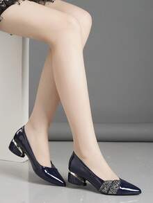 串珠中跟女鞋 时尚舒适 百搭撞色粗跟鞋 - 淺藍色 - 查看 4