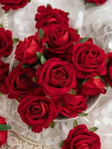 5/15/25pcs Artificial Velvet Rose Flower Heads, Suitable For Wedding Party Decor, Cake Decor, Home Living Room Tabletop Decor, Fake Plants, Autumn Decor, Room Decor, Tabletop Decor, Garden Decor, Valentine's Day Bride Wrist Corsage - Red - View 6