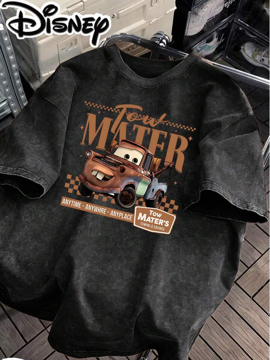 Disney Cars Mater Tow Mater Vintage Washed Tow Truck Rescue Slogan Creative Print Stylish Oversized Vintage T Shirt 2026 Spring Summer Crew Neck T Shirt Vintage Fashion Lovers Popular Vintage Crew Neck T Shirt - màu đen - Xem 1