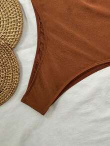 Women's High Waist One-Piece Swimsuit, Elegant Spaghetti Strap With Hollow Crochet Details, High Elasticity Vacation Beach - 摩卡棕 - 查看 5