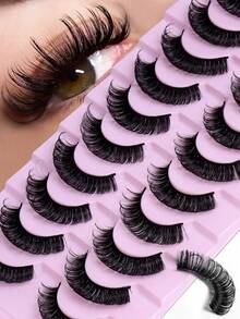 10 Pairs D-Curl Voluminous Russian False Eyelashes, 3D Faux Mink Lashes, Reusable, Fluffy Natural Look, Eyelash Extension - Black - View 3