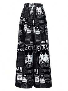 Women Random Print Minimalist Daily Wear High Waisted Long Pants, Elegant For Summer & Spring - 黑色 - 查看 4