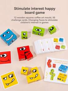 1 Set Wooden Changeable Face Expression Matching Blocks, Children's Logic Thinking Training Interactive Tabletop Game, Educational Puzzle Toy - Multicolor - View 6