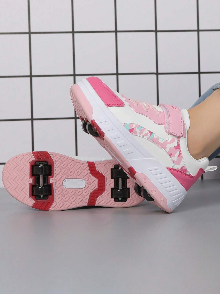 1 đôi giày trượt patin trẻ em buộc dây, đế dày, mũi tròn, kiểu dáng thấp cổ, làm bằng chất liệu PU, thích hợp cho bé mang hàng ngày trong mọi mùa. - Màu Hồng Tươi - Xem 1