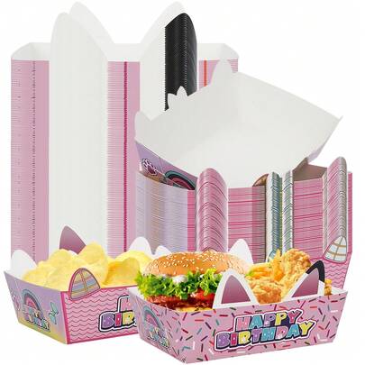 10pcs/20pcs/40pcs Cartoon House Cat Ear Happy Birthday Disposable Paper Food Boats - Pink 4.7 X 3.1x 1.5inch Potato Chips Boxes - Pink Rainbow Sprinkle & Cat Ear Bow Pattern Food Containers For Nachos, Fries, Tacos, Birthday Party, Cartoon Theme Party ,Cat Themed Party, Baby-Shower & Party Decorations Men Women