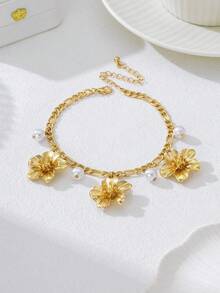 1 chiếc vòng chân kim loại hình hoa 5 cánh đính ngọc trai, kiểu dáng thanh lịch, thời trang mùa hè, thích hợp cho các lễ hội, tiệc tùng và kỳ nghỉ biển. - Vòng chân - Xem 2