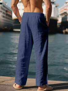 Men's Breathable Linen Loose Casual Sports Pants, Suitable Beach, Spring/Summer - 藏蓝色 - 查看 7