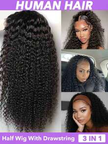 Tóc giả nửa đầu làm từ tóc thật, kiểu xoăn gợn sóng, dài 20, 22, 24, 26, 28 inch, có dây rút, không cần keo dán, dễ dàng đội lên, phù hợp cho phụ nữ da đen, kiểu 3 trong 1, liền mạch, lật ngược, dễ sử dụng cho người mới bắt đầu, mật độ tóc 150%, màu đen tự nhiên. - Natural Black - Xem 5