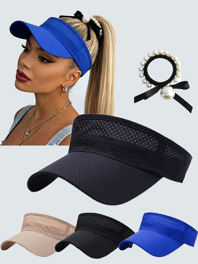 1顶带珍珠发带的遮阳帽礼盒套装，男女通用运动遮阳帽 - 速干透气网眼设计，防紫外线，适合海滩、跑步、户外活动、骑行、排球等。