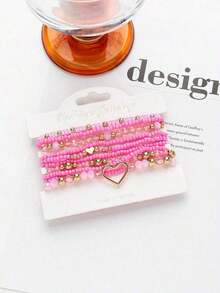 10pcs/Set Heart-Shaped Pearl Beaded Elastic Bracelet Set, Unique Design For Women, Pink - Pink - View 2