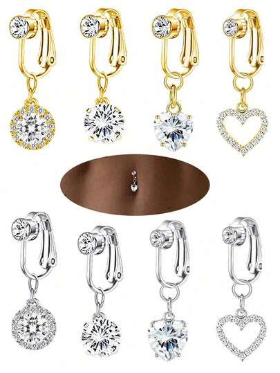 3/4件套肚脐环套装，心形和圆形锆石吊坠假肚脐环，水钻3件套夹式肚脐环，无需穿孔，适合女性日常佩戴