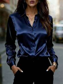 Women's Satin Long Sleeve Button-Up Shirt With Collar, Elegant Ladies Polyester Blouse Top Spring - 紫色 - 查看 4