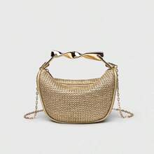 Túi xách mini mới năm 2026, túi dệt ánh kim vàng với dây xích vàng, túi rơm thời trang dành cho nữ. - Vàng - Xem 8