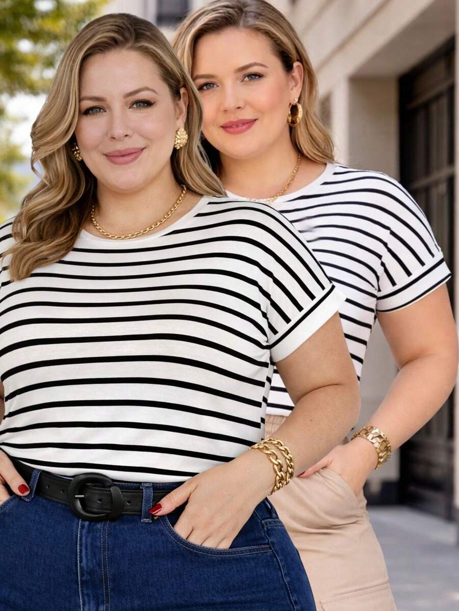 Set Of 2 Plus Size Striped Blouses – Folded Japanese Sleeves, Comfy Cool Urban Chic - White/White - View 1