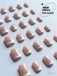30片短方形白色法式美甲贴片，高品质全新工艺全甲贴片套装，适合女性和女孩日常佩戴 - 彩色 - 查看 3