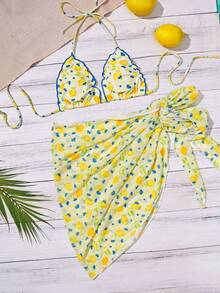 3pcs Women Bikini Swimwear Set, Yellow Plaid Lemon Pattern Fashionable Beachwear Including Cute Mini Skirt, Suitable For Outings, Fitness, Spring Break, Y2K Style, Street, Vacation, Music Festivals, Pool Parties, Carnivals Summer - Lemon Yellow - View 9