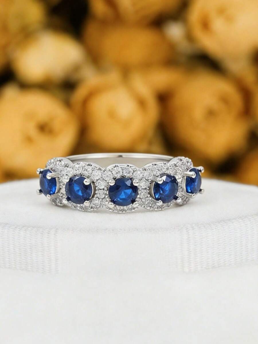 1 chiếc nhẫn Cubic Zirconia màu xanh dương quyến rũ dành cho nữ, thích hợp để đeo trong tiệc cưới, nhẫn cưới lấp lánh, trang sức thời trang, quà tặng Ngày của Mẹ (Không kèm hộp). - Màu xanh lam - Xem 1