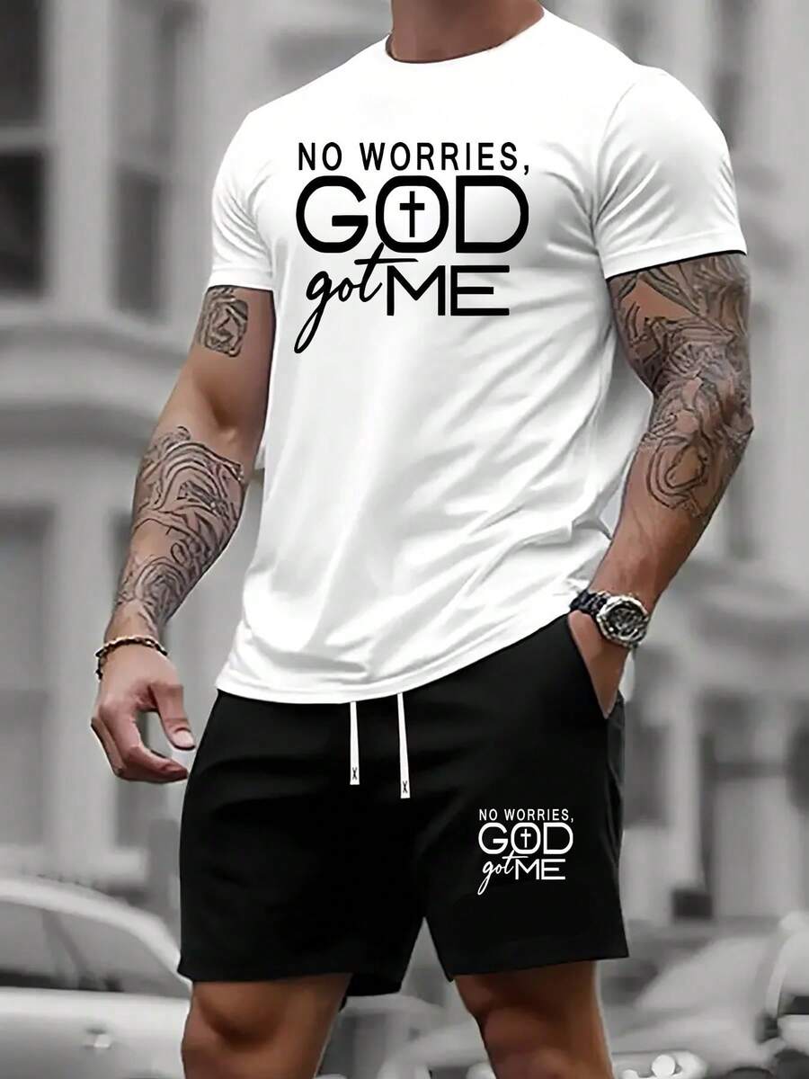 Men's Christian White Short Sleeve T Shirt And Black Shorts Set No Worries God Got Me Casual Two Piece Outfit, Church Outfit, Casual Daily Wear, Weekend Lounge, Religious Events, Summer Streetwear. - 白色 - 查看 1