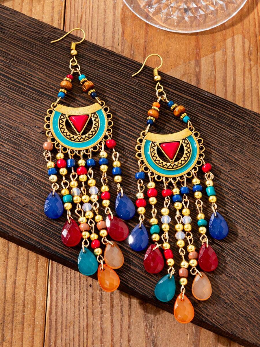 Pendientes bohemios retro con borlas geométricas y cuentas, adecuados para que las mujeres asistan a celebraciones de festivales - vistoso - Ver 1