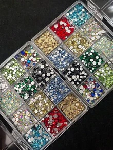 12Grids Đá Trang Trí Móng Tay Hình Tròn Lấp Lánh Nhiều Màu Sắc, Kích Thước Hỗn Hợp, Đá Pha Lê Mặt Phẳng, Đá Kim Cương Thủy Tinh, Phụ Kiện Làm Móng, Charm Trang Trí Móng Tay - Nhiều màu - Xem 6