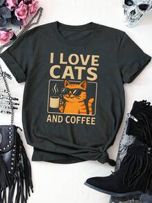 Coffee Cat Graphic Letter Slogan Print Round Neck Short Sleeve Plus Size T-Shirt Casual Summer - Dark Grey - View 4