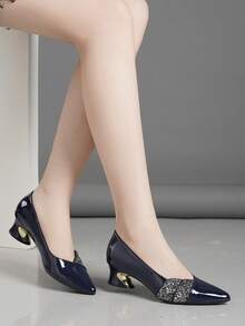 Nuevos zapatos de tacón alto cómodos y de moda con rhinestones, en negro, blanco, plateado y marrón, zapatos de trabajo, de punta afilada y tacón grueso, bombas versátiles de slip-on para mujer, para primavera/otoño - azul real - Ver 4