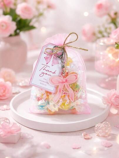 Bộ 6 túi vải organza nơ hồng và móc khóa, quà tặng tiệc mừng em bé, móc khóa nơ hồng kèm thẻ giấy Kraft ghi lời cảm ơn và túi lưới, trang trí đám cưới, trang trí tiệc sinh nhật lần thứ nhất, trang trí sinh nhật màu hồng, quà tặng tiệc em bé, quà tặng tiệc cô dâu, trang trí ba lô, trang trí nơ hồng.