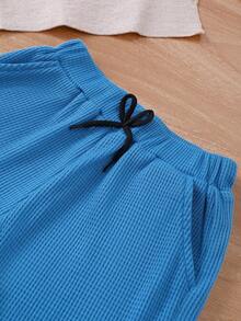 Young BoySummer Waffle Fabric Patchwork Contrast Color Casual Sports Set - Blue - View 7