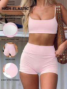Bộ đồ thể thao nữ GAOVOT 2 mảnh mùa hè gợi cảm, áo yếm có đệm ngực và quần short cạp cao ôm hông, phù hợp tập thể dục, yoga, gym - Hồng - Xem 5