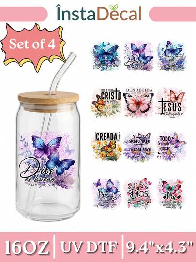 4张西班牙语基督教圣经经文UV DTF贴纸（9.4x4.3英寸），蝴蝶花卉宗教语录贴纸，适用于咖啡杯、陶瓷杯、利比玻璃杯、笔记本电脑，DIY信仰日记礼物