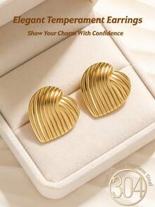 18K Gold Plated Stainless Steel Minimalist Line Heart Earrings For Women, Low Allergy, Delicate & Elegant, Fashionable Geometric Heart Pendant, Stylish Jewelry, Suitable For Daily Casual, Birthday Party, Wedding And Other Occasions - Gold - View 2