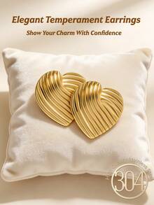 18K Gold Plated Stainless Steel Minimalist Line Heart Earrings For Women, Low Allergy, Delicate & Elegant, Fashionable Geometric Heart Pendant, Stylish Jewelry, Suitable For Daily Casual, Birthday Party, Wedding And Other Occasions - Gold - View 3