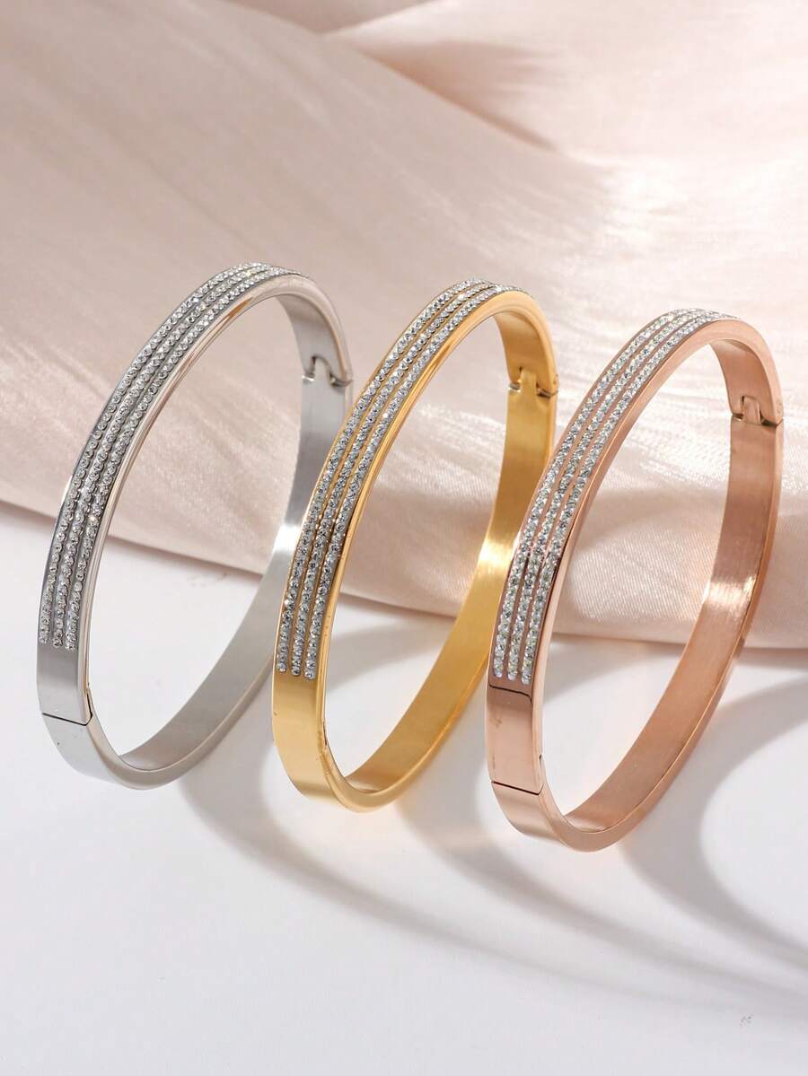 1 chiếc vòng tay bằng thép titan mạ vàng thời trang, ba hàng đá Cubic Zirconia, thích hợp cho nữ giới đeo hàng ngày. - vòng đeo tay - Xem 1