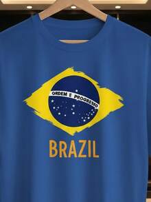 Unisex T-Shirt Supporting The Brazilian National Football Team - Order And Progress World Cup - Short Sleeve - Men's And Women's - 100% Cotton, Casual, Crew Neck - Xanh đậm - Xem 2