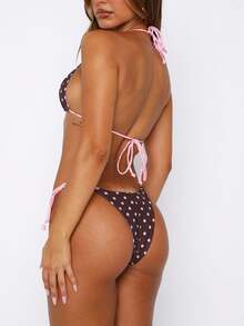 Conjunto de bikini para mujer con estampado de flores y lunares, sujetador sin mangas y tanga con lazos laterales. Traje de baño informal para la playa y la piscina. - Rosa - Ver 3